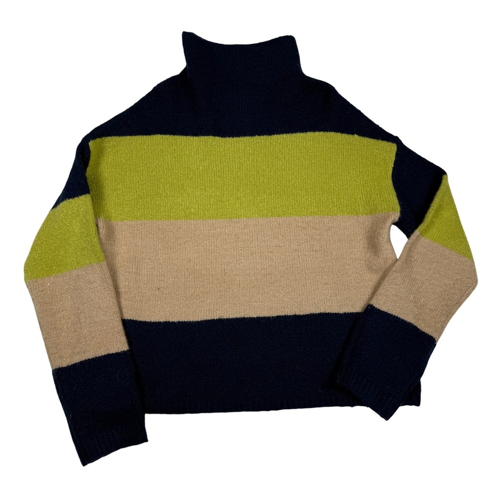 Cliche Colorblock‎ Striped Turtleneck Sweater Blue Tan Green oversized cozy S - Picture 2 of 7